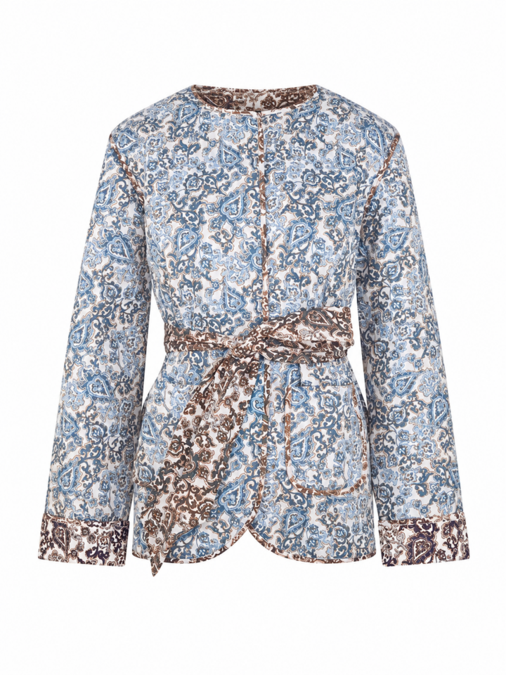 Off-White Paisley Print Collarless Jacket with Self-Tie Sash