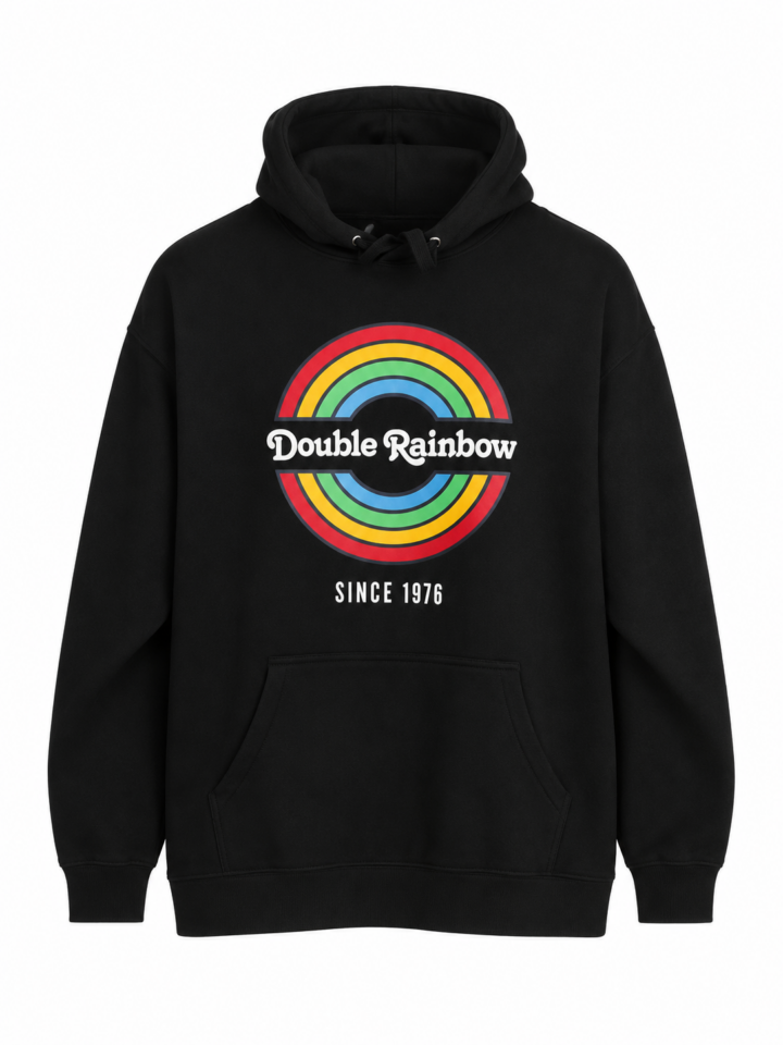 Black Pullover Hoodie with Rainbow Ring Graphic