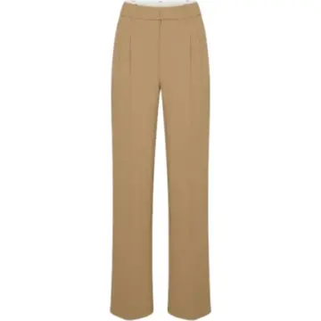 Camel High-Rise Wide-Leg Pintuck Trousers