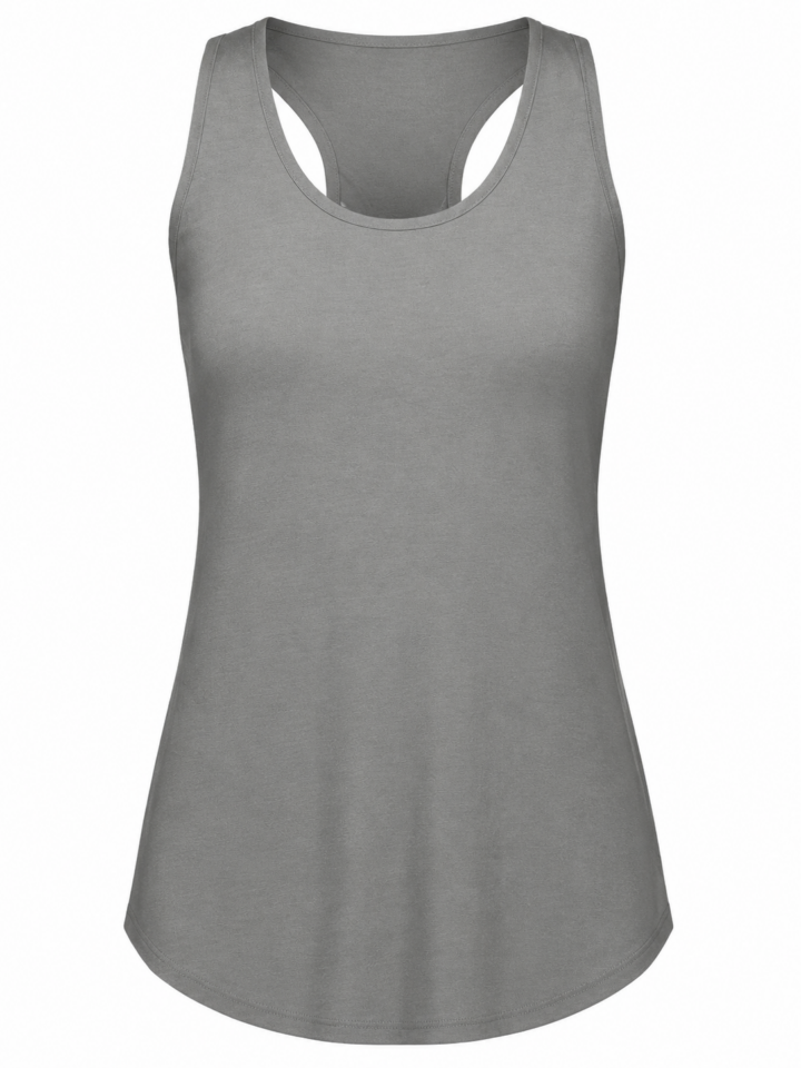 Grey Racerback Tank Top with Scoop Neck and Curved Hem