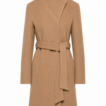 Camel Wrap Coat with Funnel Neck and Self-Tie Belt