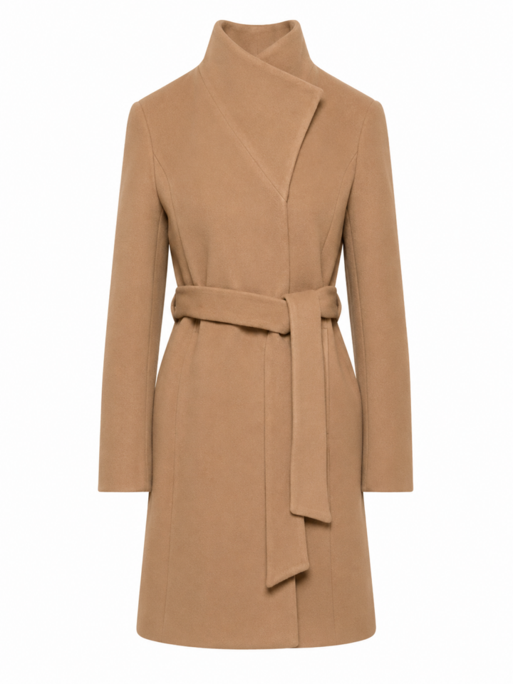 Camel Wrap Coat with Funnel Neck and Self-Tie Belt