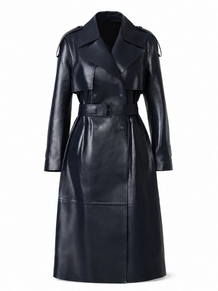 Navy Leather-Look Trench Coat with Belt