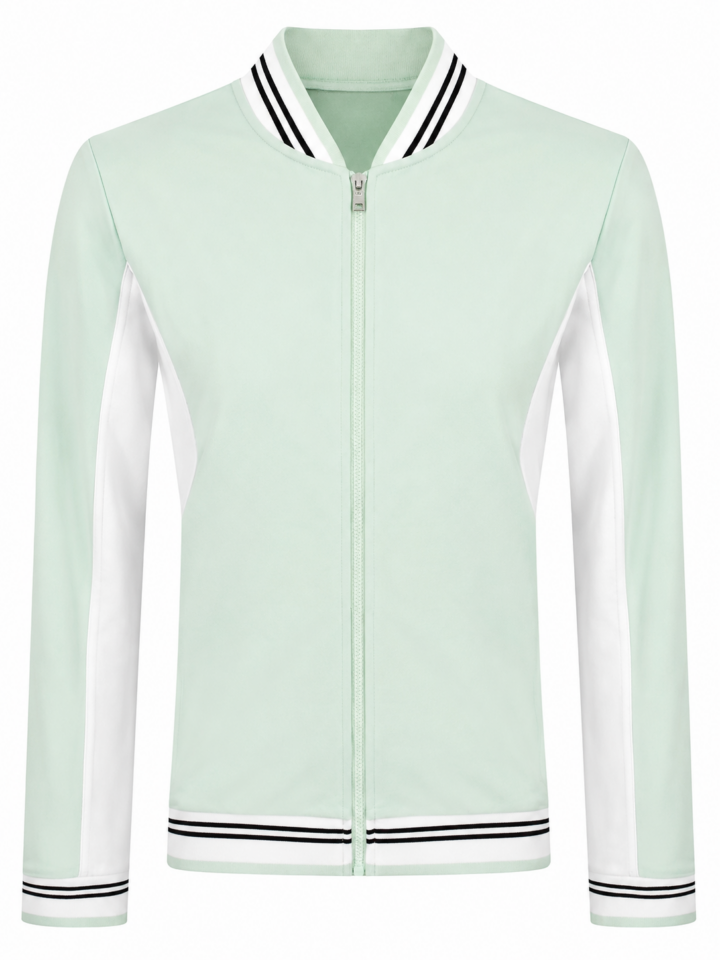 Mint Green and White Bomber Jacket with Ribbed Collar