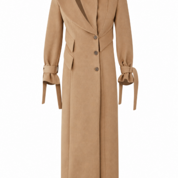 Camel Tailored Long Coat with Structured Collar and Self-Tie Cuffs