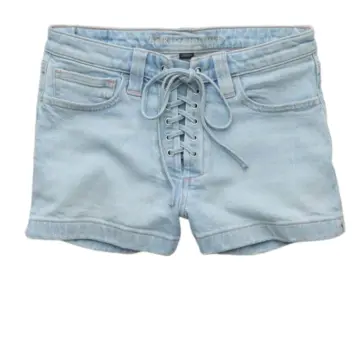 Light Wash Lace-Up Straight Fit Denim Shorts