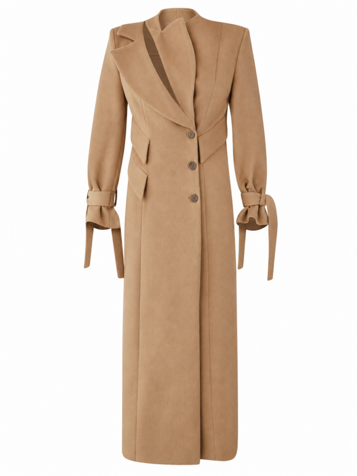 Camel Tailored Long Coat with Structured Collar and Self-Tie Cuffs
