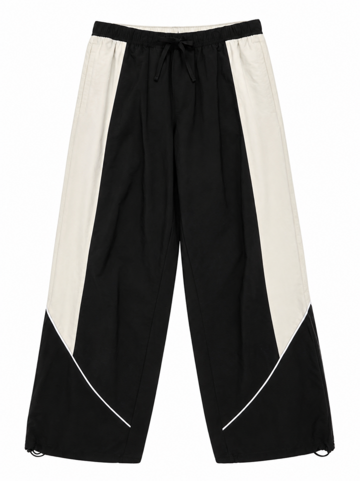 Black Wide-Leg Track Pants with White Chevron Stripe