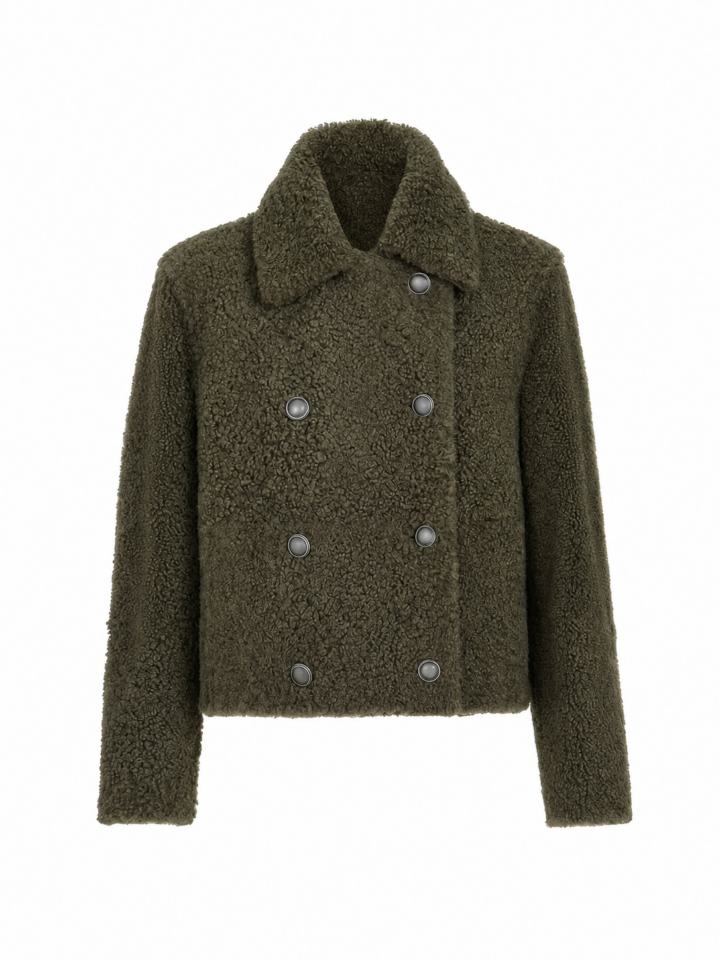 Olive Green Boucle Double-Breasted Jacket