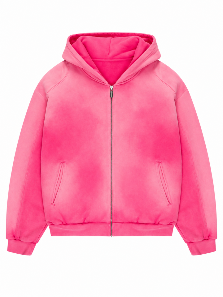 Bright Pink Oversized Full-Zip Hoodie with Spray Dye Effect