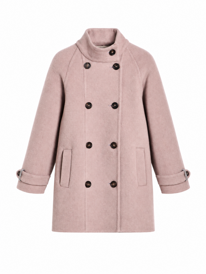 Dusty Pink Double-Breasted Wool Coat with Stand Collar