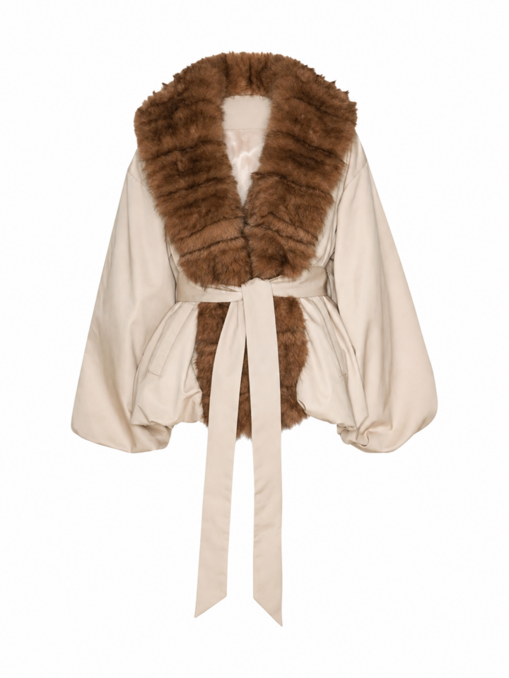 Ivory Wrap Coat with Faux-Fur Collar