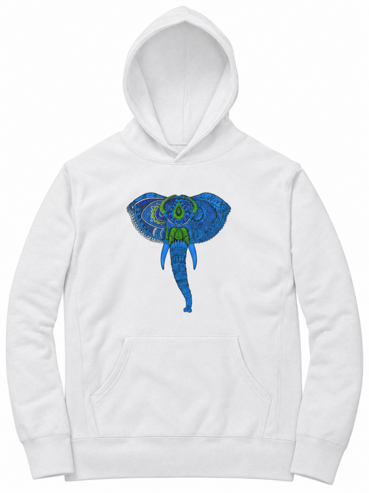 White Relaxed Fit Elephant Graphic Pullover Hoodie