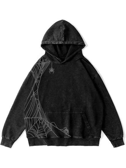 Black Acid-Wash Oversized Hoodie with Spiderweb Graphic