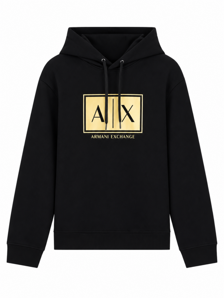 Black Relaxed Fit Hoodie with Gold Patch Logo