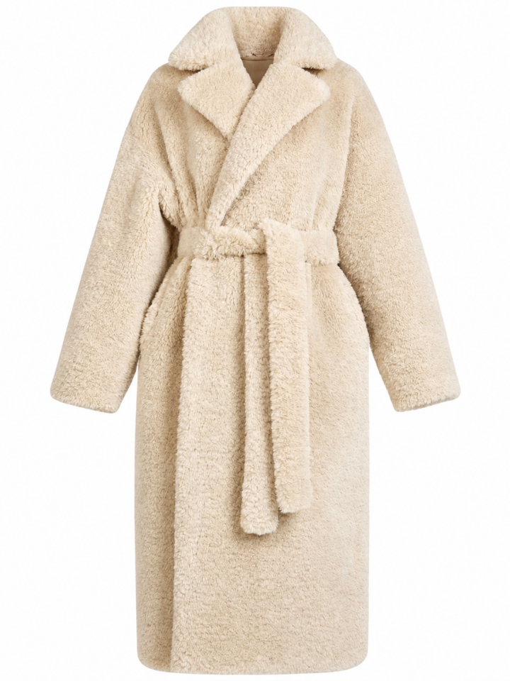 Cream Faux Fur Wrap Coat with Notched Lapel