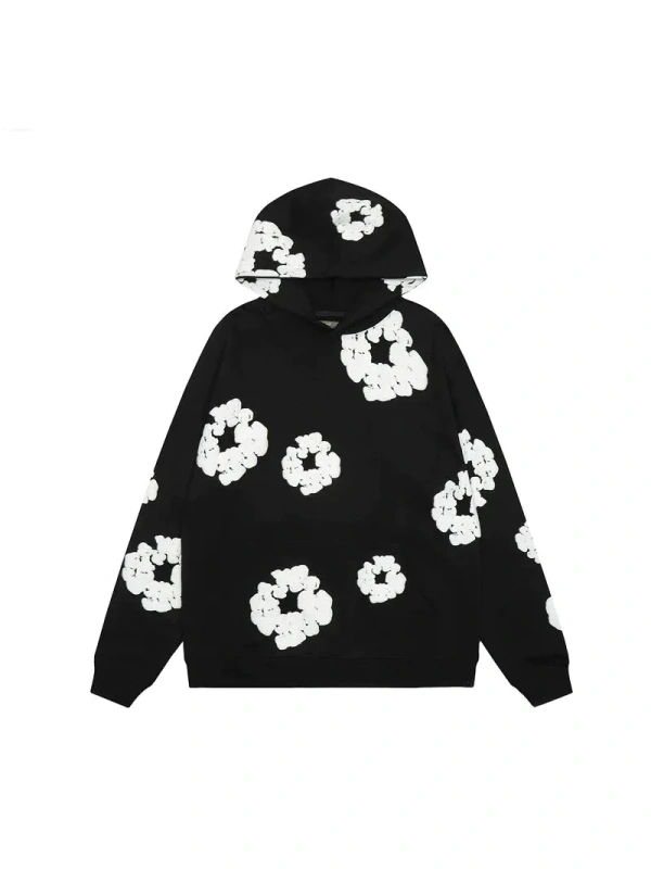 Black Floral Print Pullover Hoodie