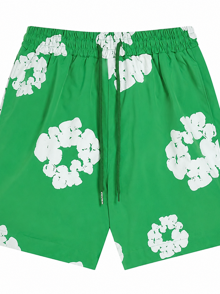 Green Floral Print Elastic Waist Drawstring Shorts